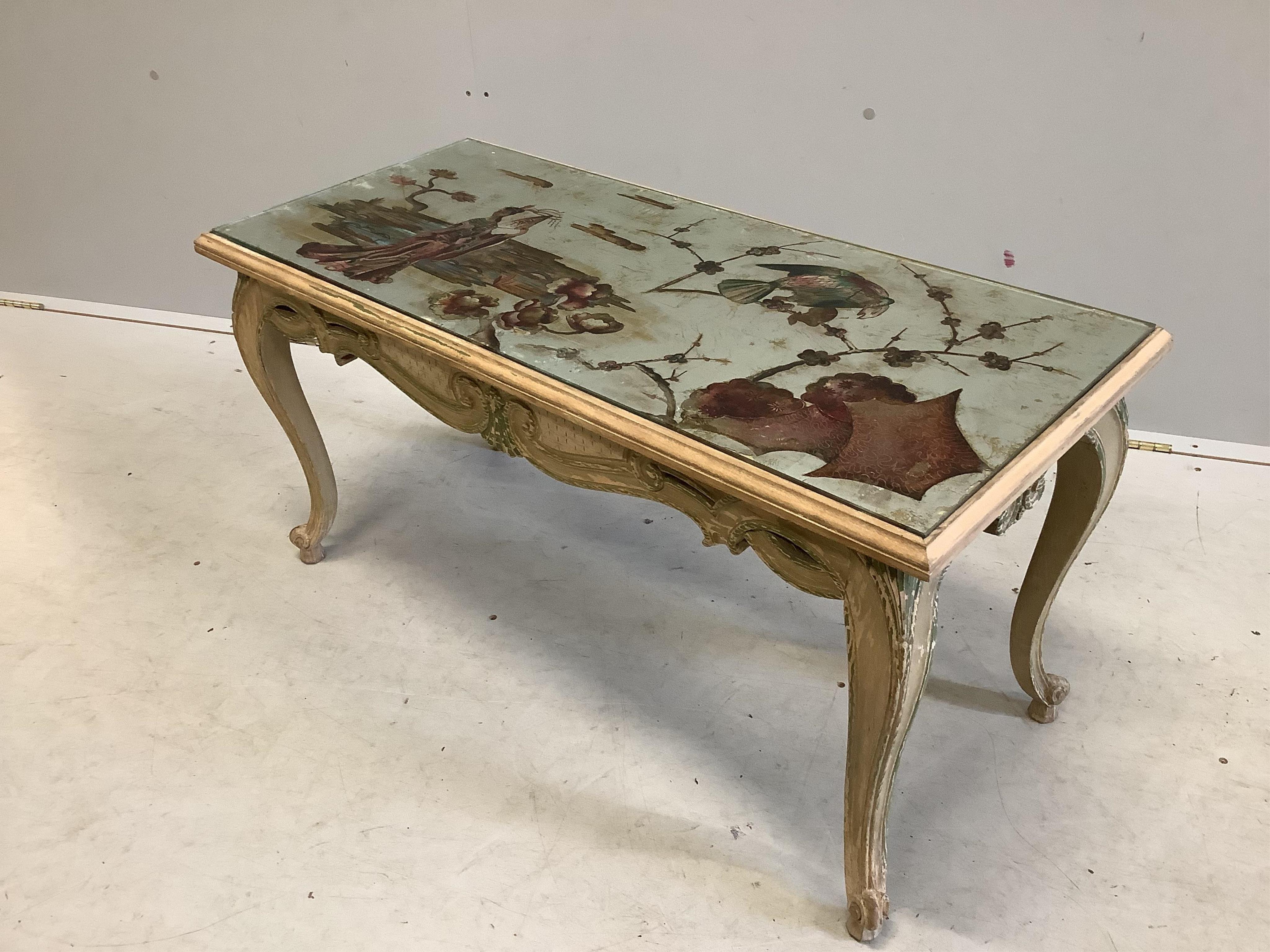 An 18th century style coffee table with reverse decorated chinoiserie top, width 93cm, depth 42cm, height 48cm. Condition - fair